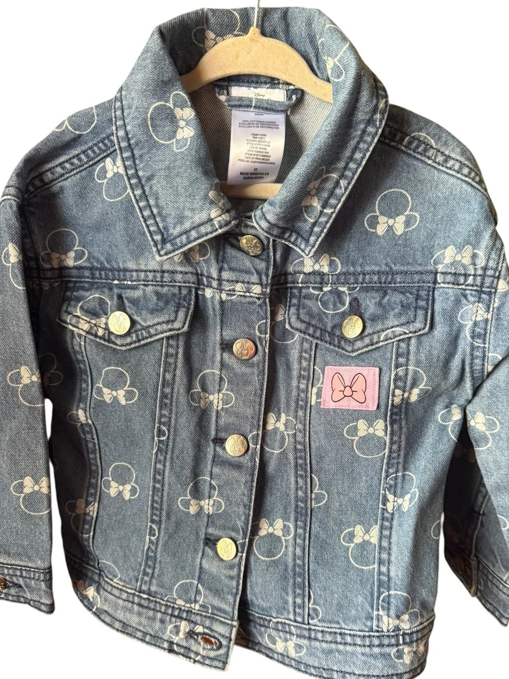 Disney Minnie Mouse Denim Jacket Girls 3T Blue Bow Print Button Front Jean Coat